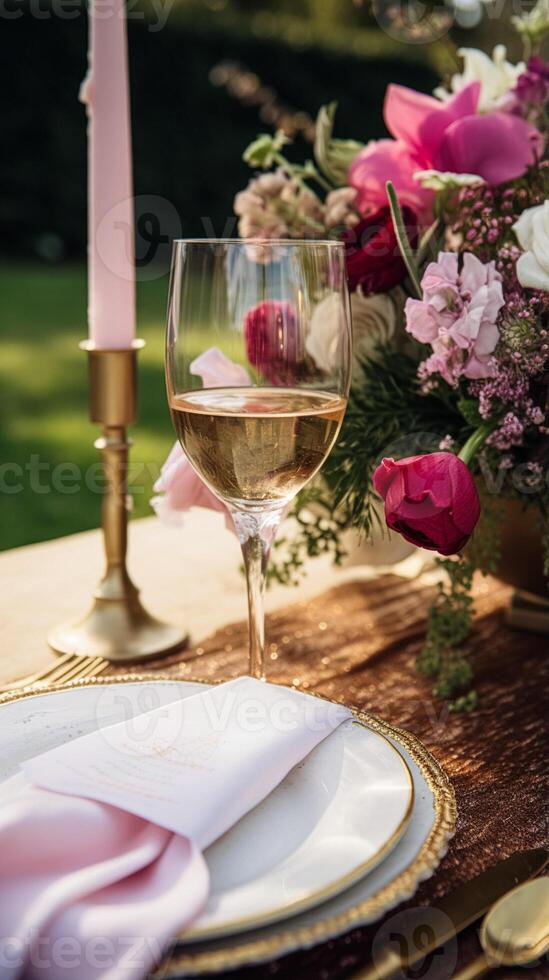 AI generated Elegant tablescape, formal dinner table setting with red roses and wine, elegant table decor for wedding, dinner party and holiday event decoration, home styling photo