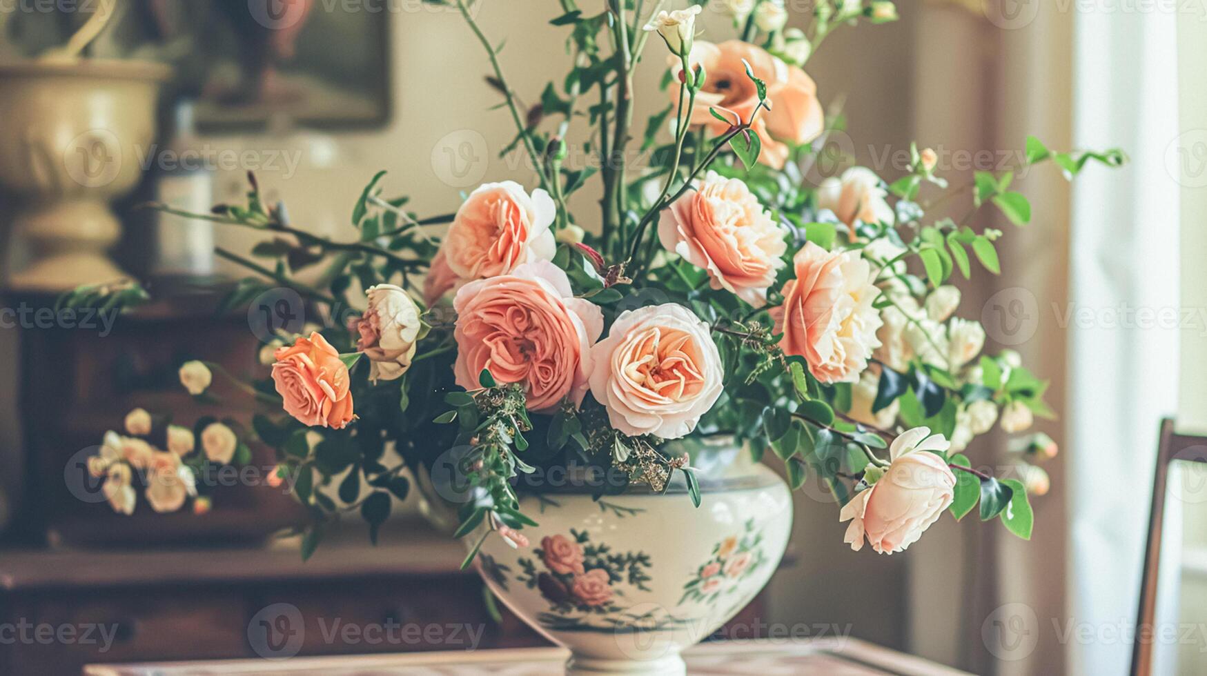 ai generado primavera flores en Clásico florero, hermosa floral acuerdo, hogar decoración, Boda y florista diseño foto