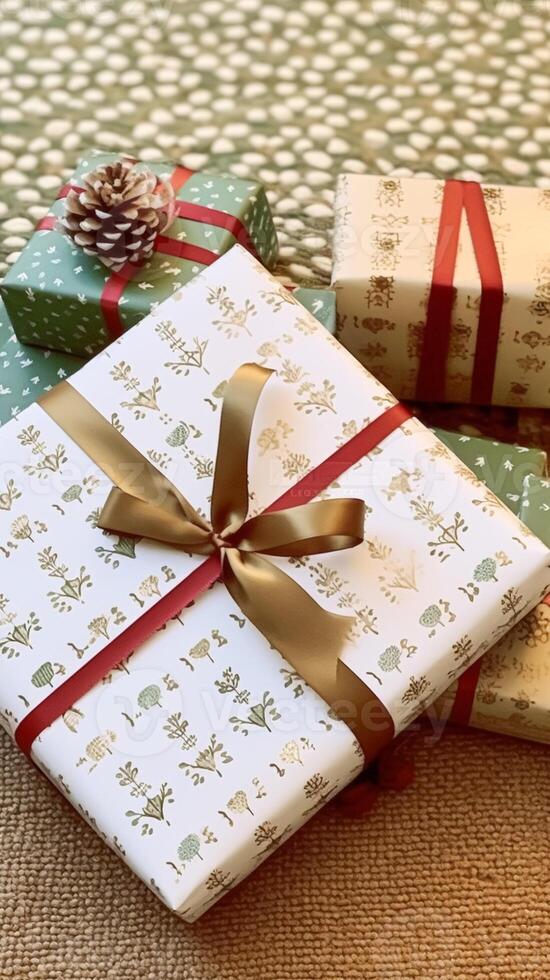 AI generated Holiday gifts and presents, country cottage style wrapped gift boxes for boxing day, Christmas, Valentines day and holidays shopping sale, beauty box delivery photo
