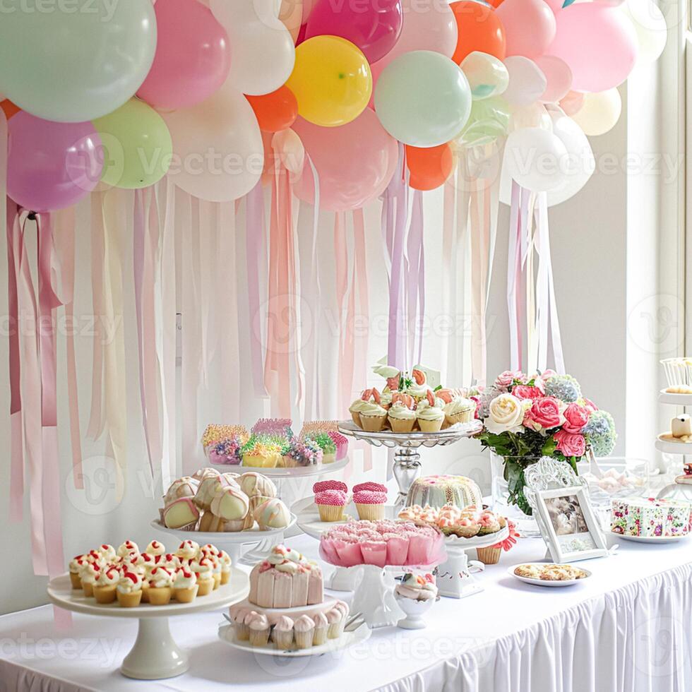 AI generated Birthday tablescape or candy bar with sweets, Birthday cake and cupcakes, beautiful party celebration photo