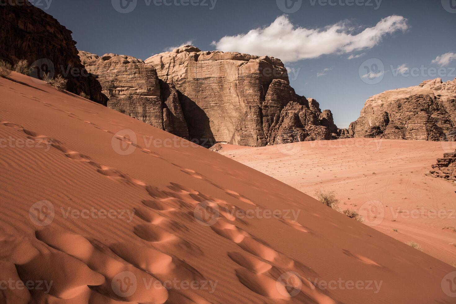 Wadi Rum Desert in Jordan. On the Sunset. Panorama of beautiful sand pattern on the dune. Desert landscape in Jordan. photo