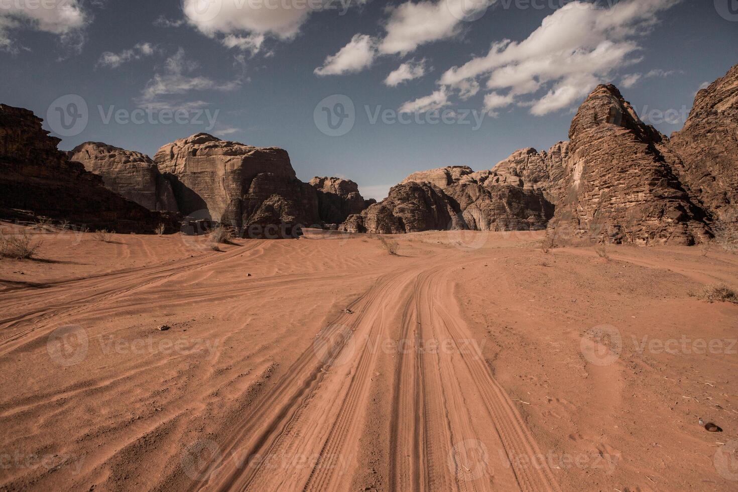 Wadi Rum Desert in Jordan. On the Sunset. Panorama of beautiful sand pattern on the dune. Desert landscape in Jordan. photo