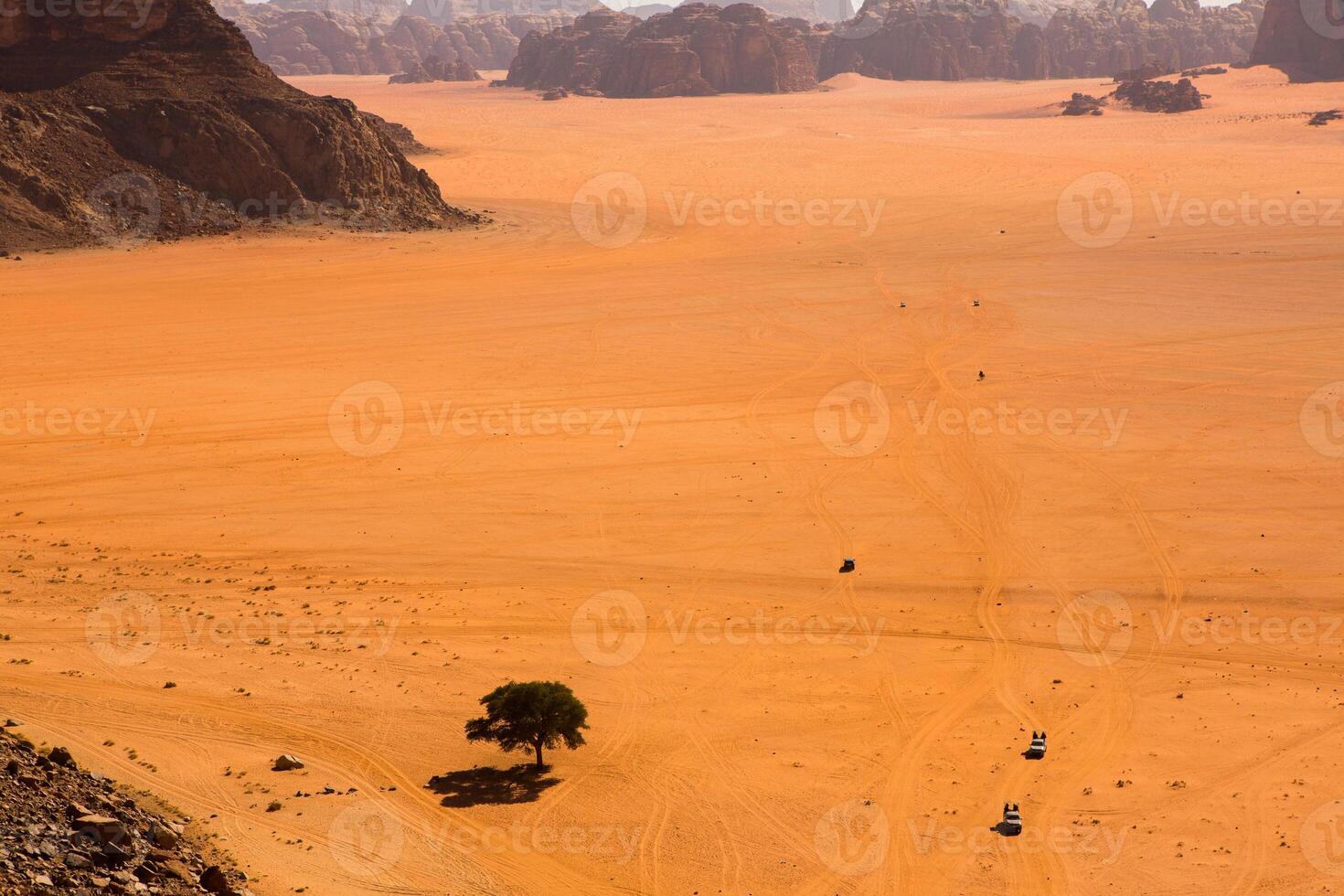 Wadi Rum Desert in Jordan. On the Sunset. Panorama of beautiful sand pattern on the dune. Desert landscape in Jordan. photo