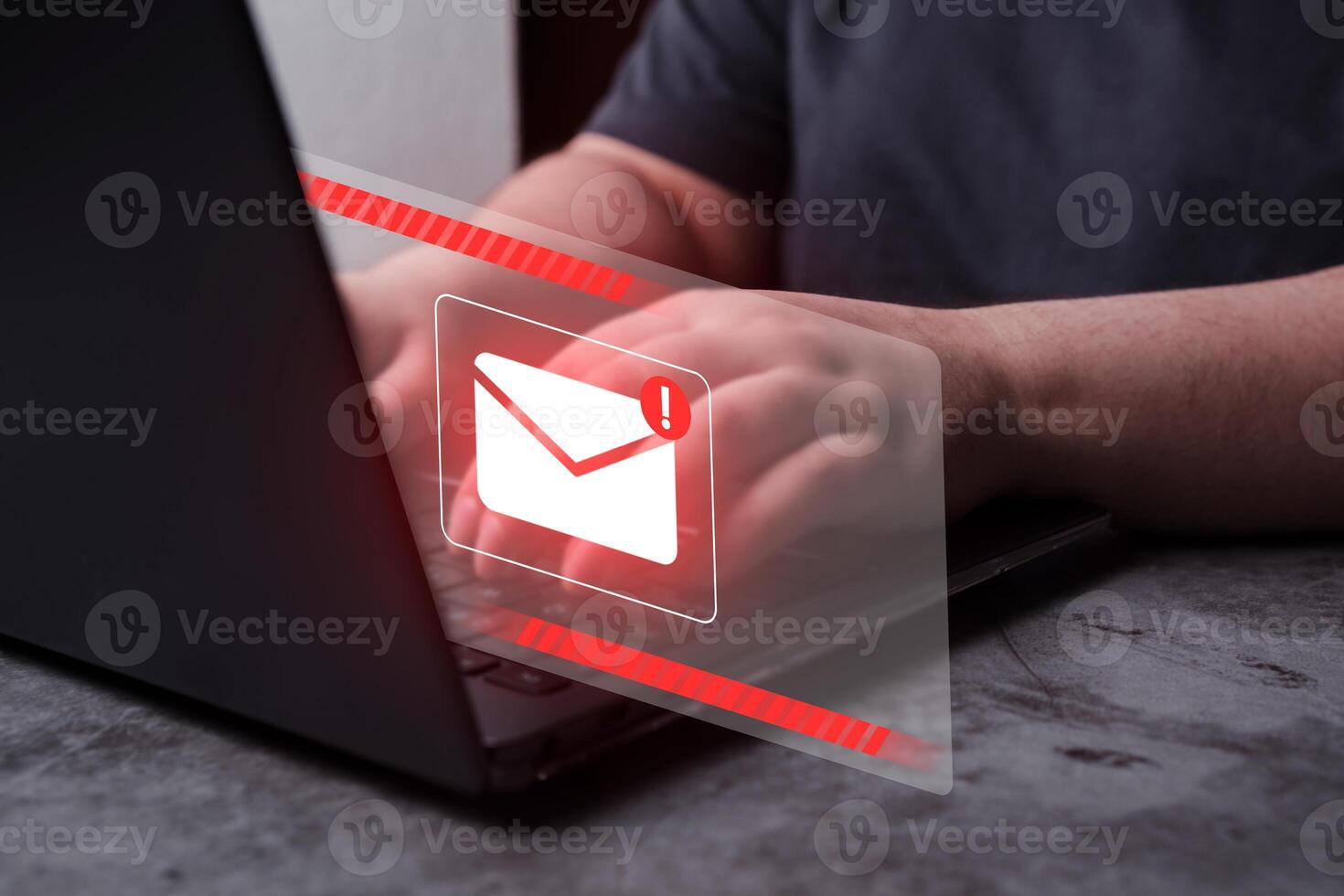 Woman use laptop with hologram interface notification warning of spam virus. Protect against internet dangers. Junk and trash mail. Compromised information. photo