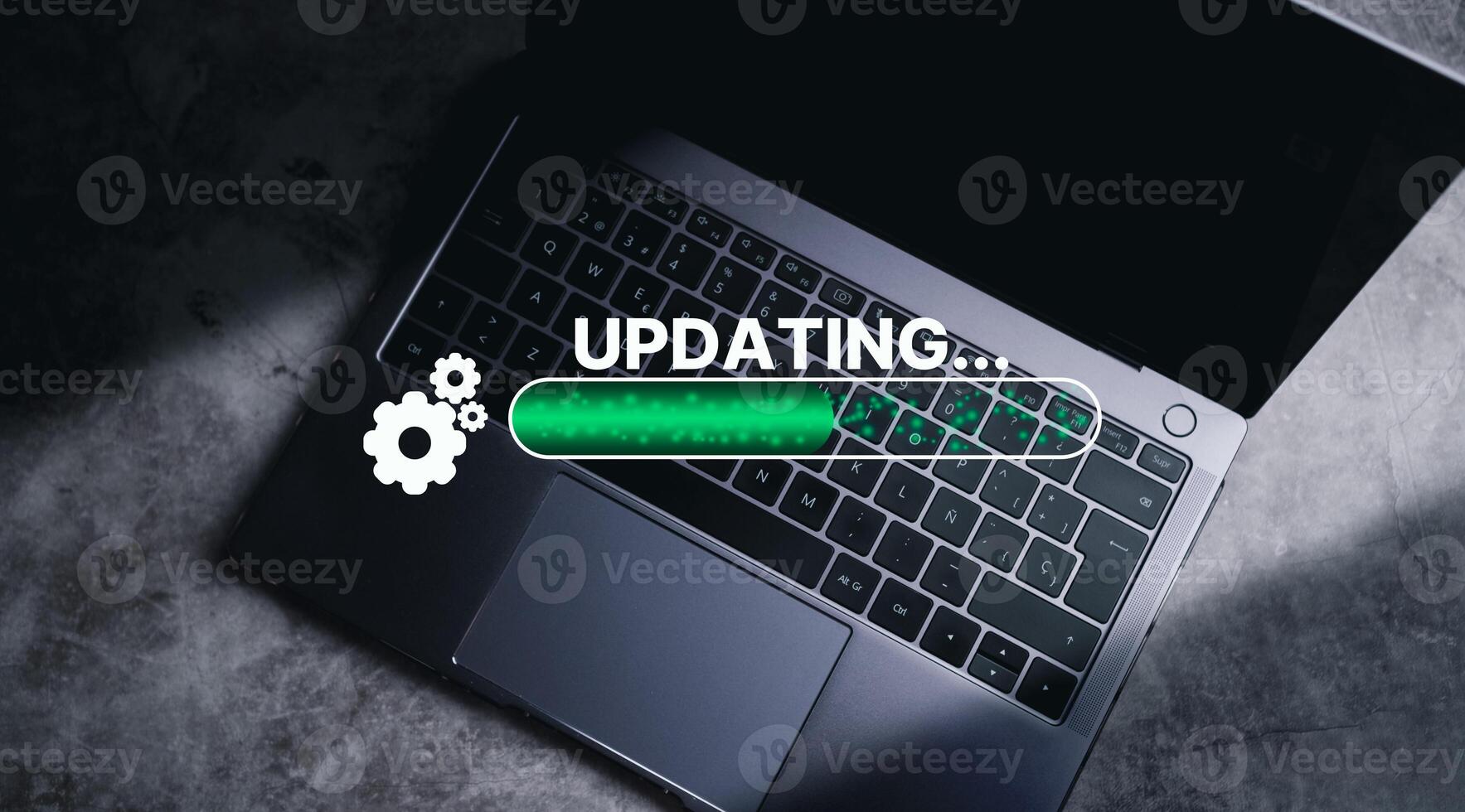 Top view photo of laptop with update concept. Software upgrade interface with empty space for use.