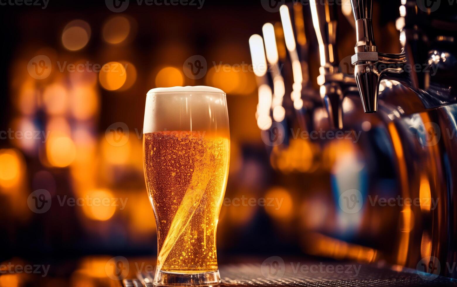 AI generated Fresh glass of beer on bar table with bokeh background and empty space for text. photo