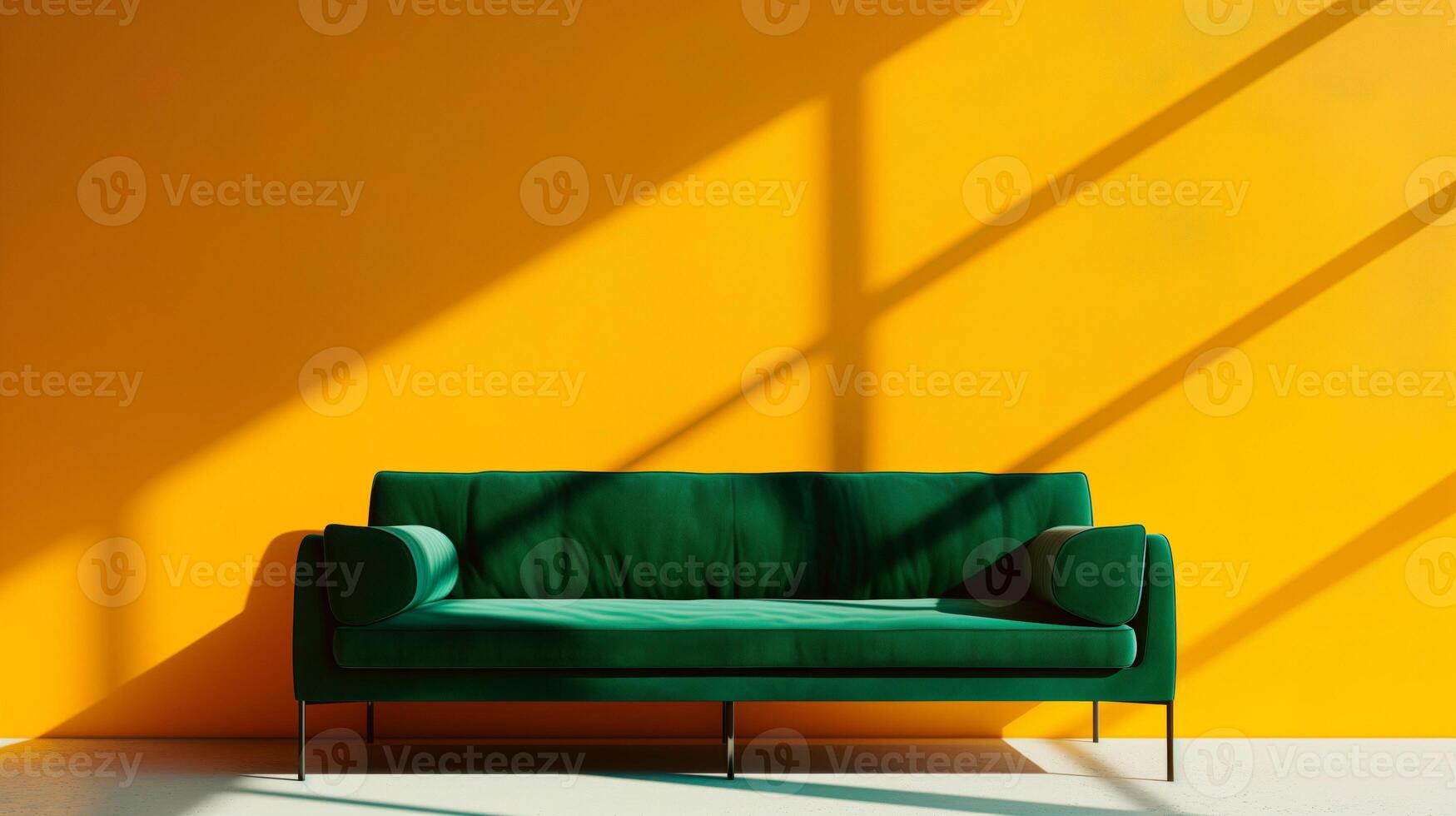 AI generated Home interior mock up with green sofa over yellow wall with long cast shadows. Living room decor. 3D render. photo