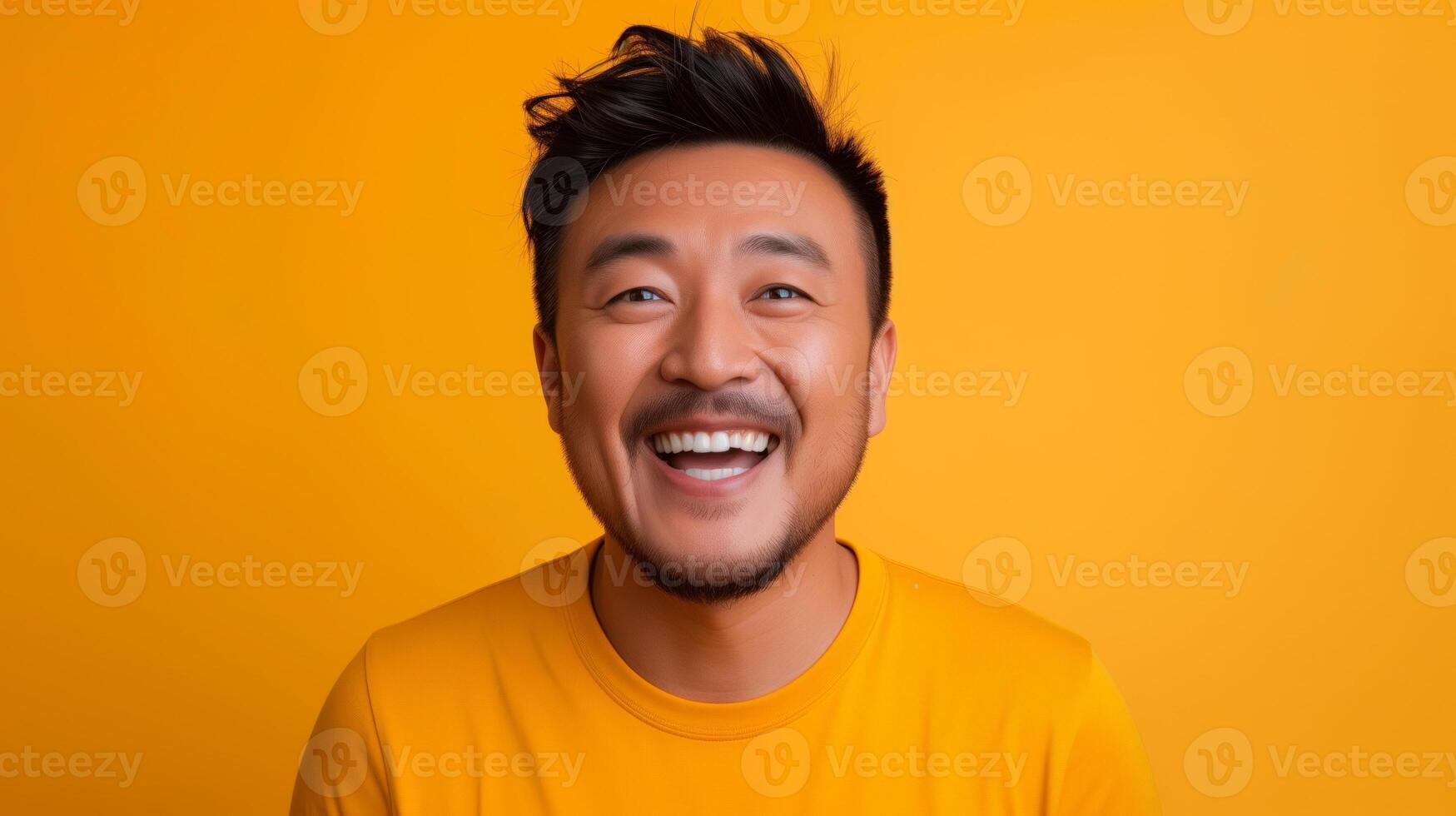 AI generated Asian guy portrait smiling to camera over yellowish background and empty space for text. photo