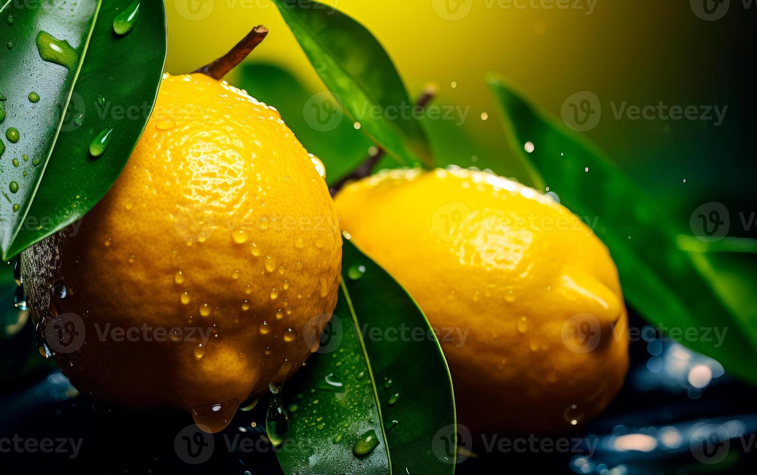 AI generated Top view of fresh lemons with water droplets and green leafs. photo