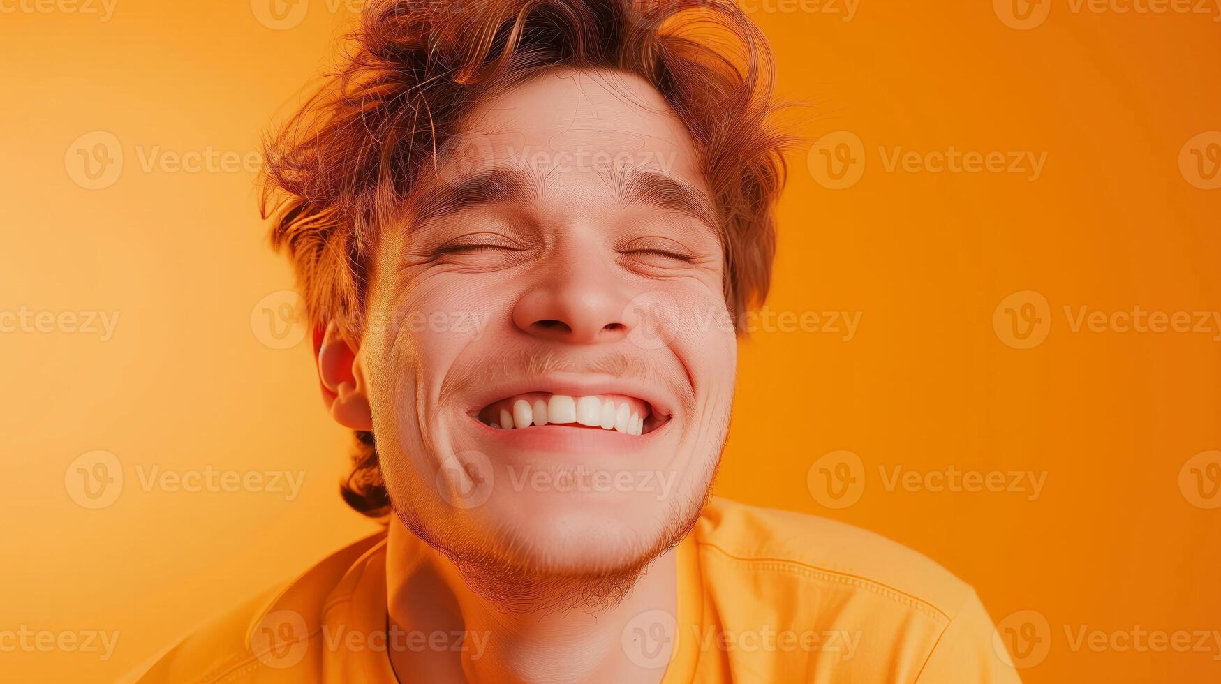 AI generated Studio portrait of man smiling at the camera over yellow background. photo