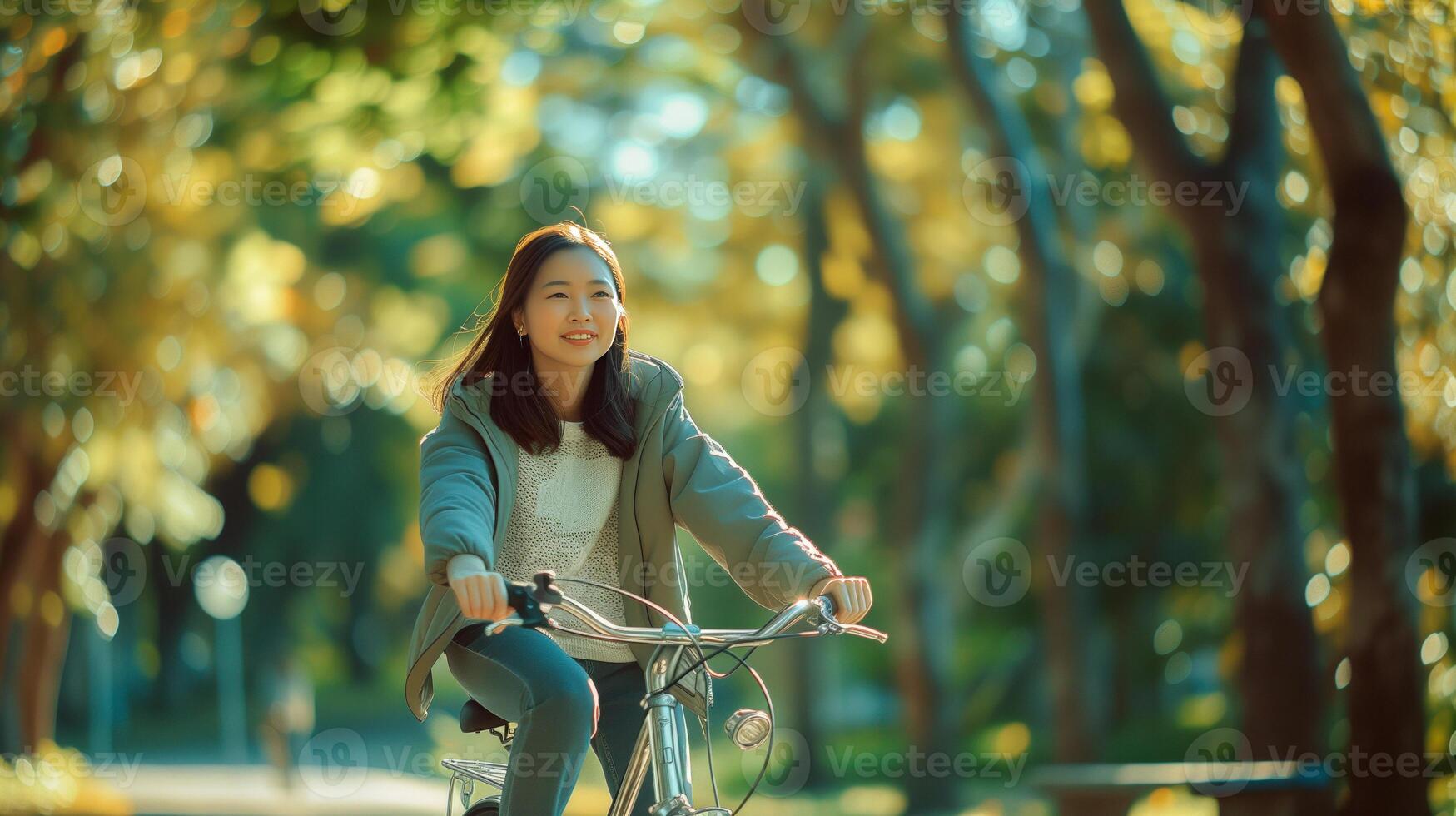 AI generated Asian woman riding a bicycle in the park with empty space for text. photo