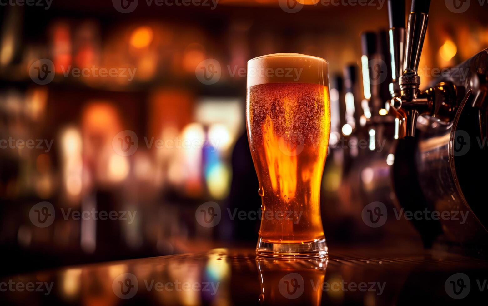 AI generated Fresh glass of beer on bar table with bokeh background and empty space for text. photo