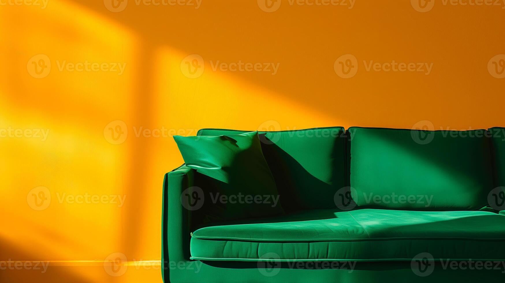 AI generated Home interior mock up with green sofa over yellow wall with long cast shadows. Living room decor. 3D render. photo