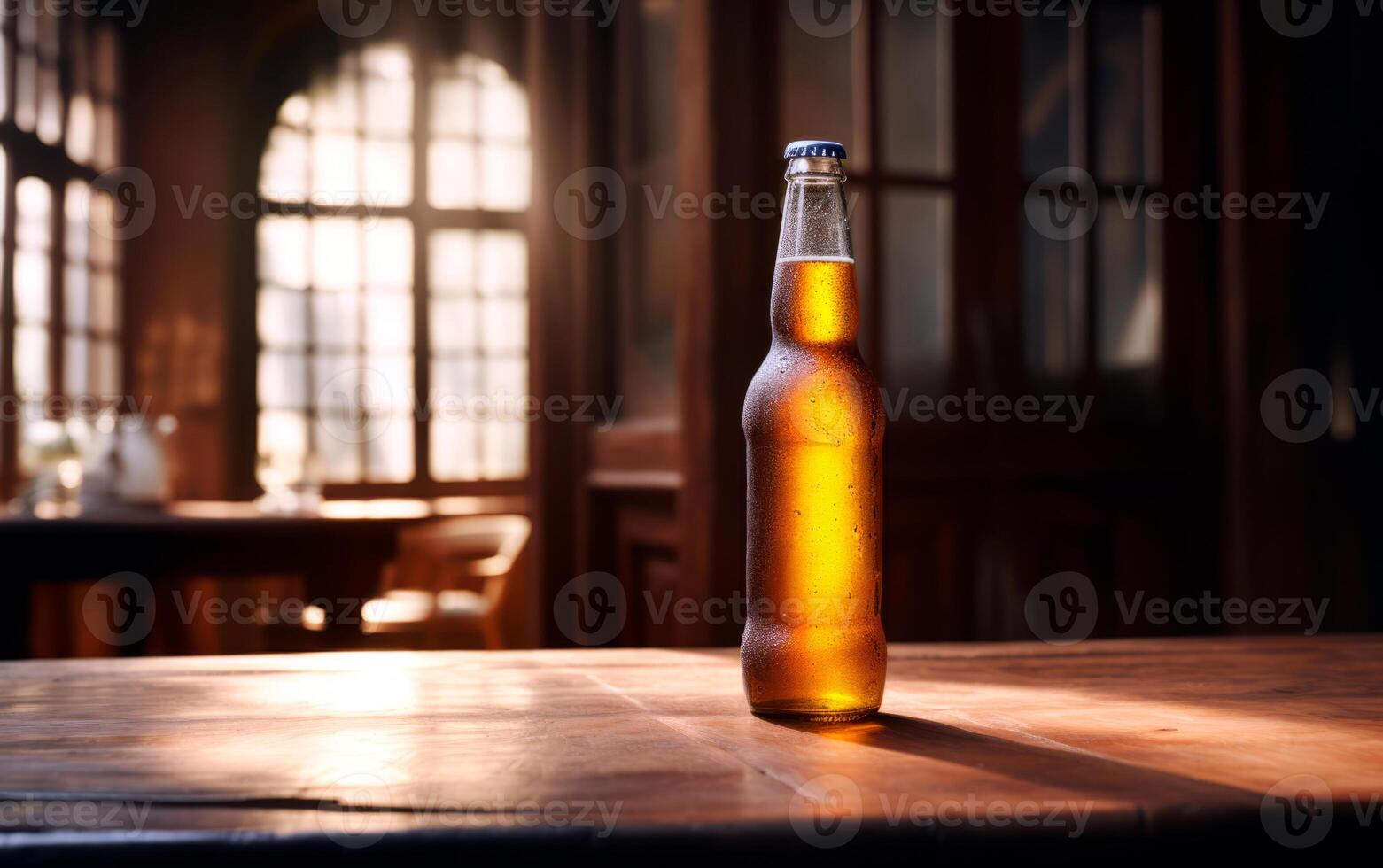 ai generado generado imafresco botella de cerveza en bar mesa con bokeh antecedentes y vacío espacio para texto. burlarse de arriba o modelo botella de cerveza.ge foto