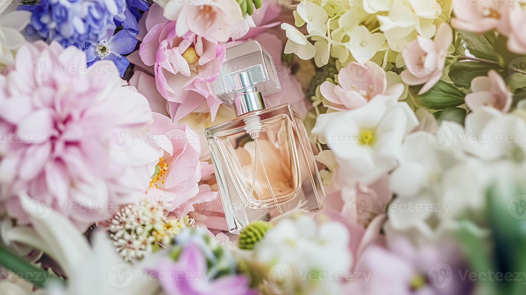 ai generado perfume botella en flores, fragancia en floreciente fondo, floral olor y cosmético producto foto