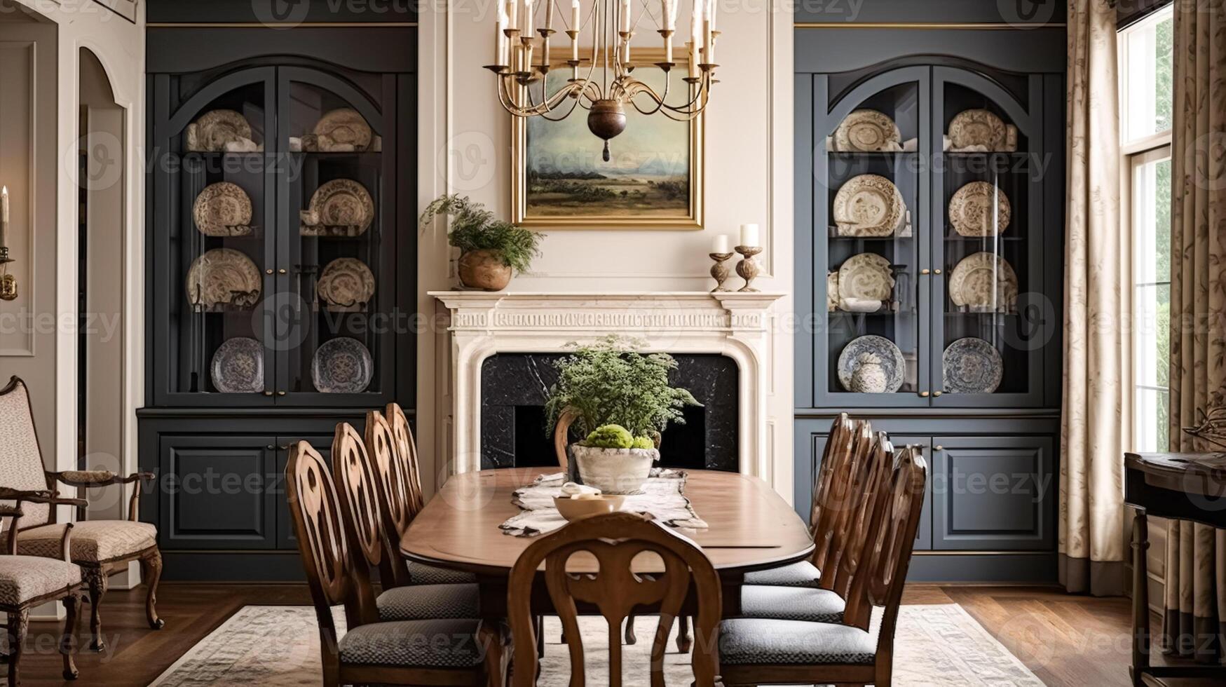 AI generated Cottage dining room decor, interior design and dark wood country house furniture, home decor, table and chairs, English countryside style photo