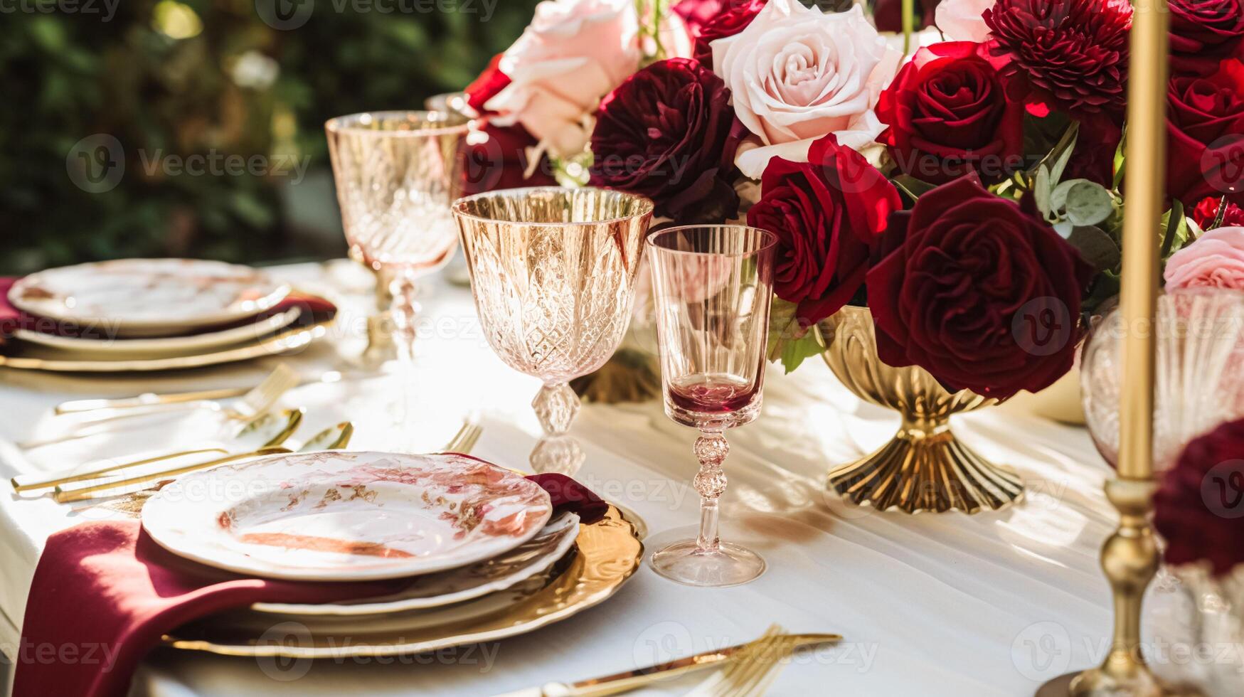 AI generated Wedding and event celebration tablescape with flowers, formal dinner table setting with roses and wine, elegant floral table decor for dinner party and holiday decoration, home styling photo