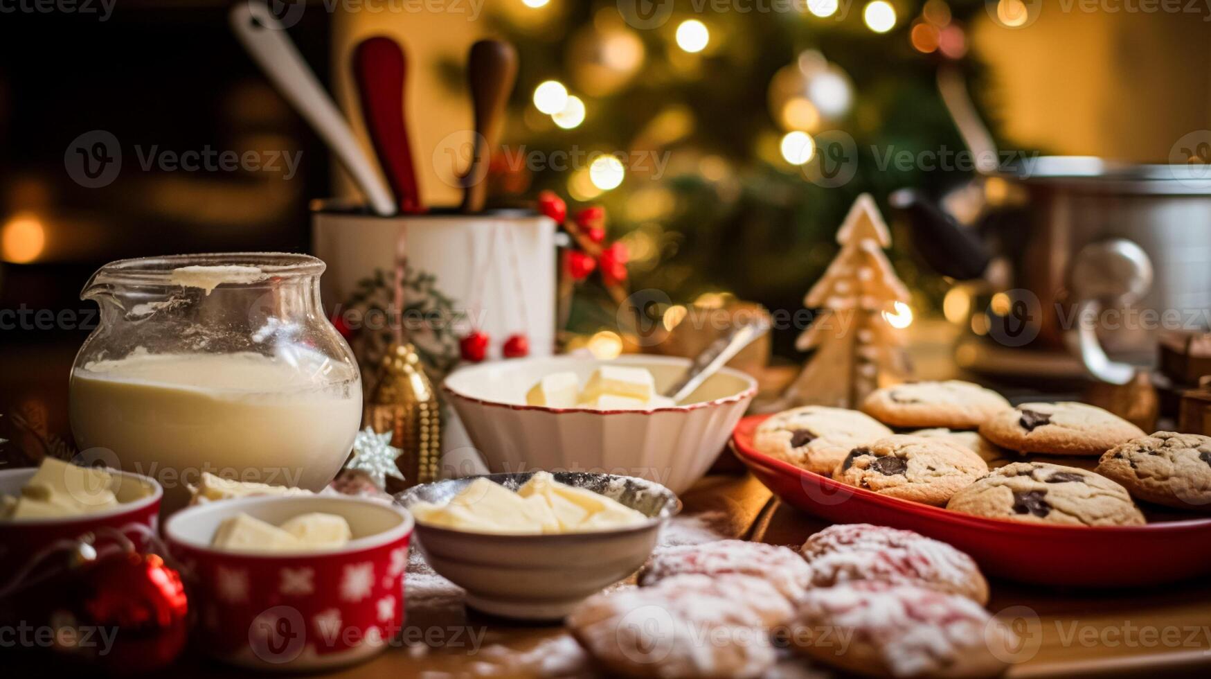 AI generated Christmas baking, holidays recipe and home cooking, holiday bakes, ingredients and preparation in English country cottage kitchen, homemade food and cookbook photo