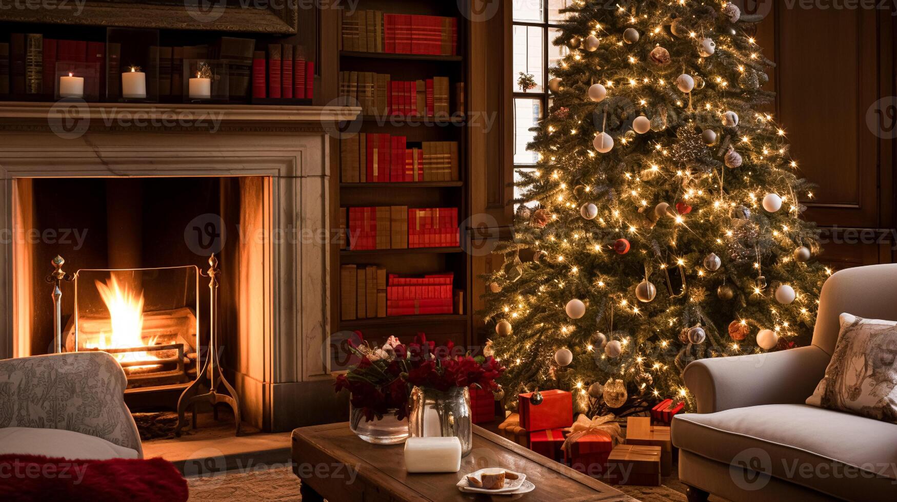 AI generated Christmas at the manor, English countryside decoration and interior decor photo