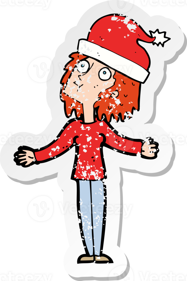 retro distressed sticker of a cartoon woman ready for christmas png