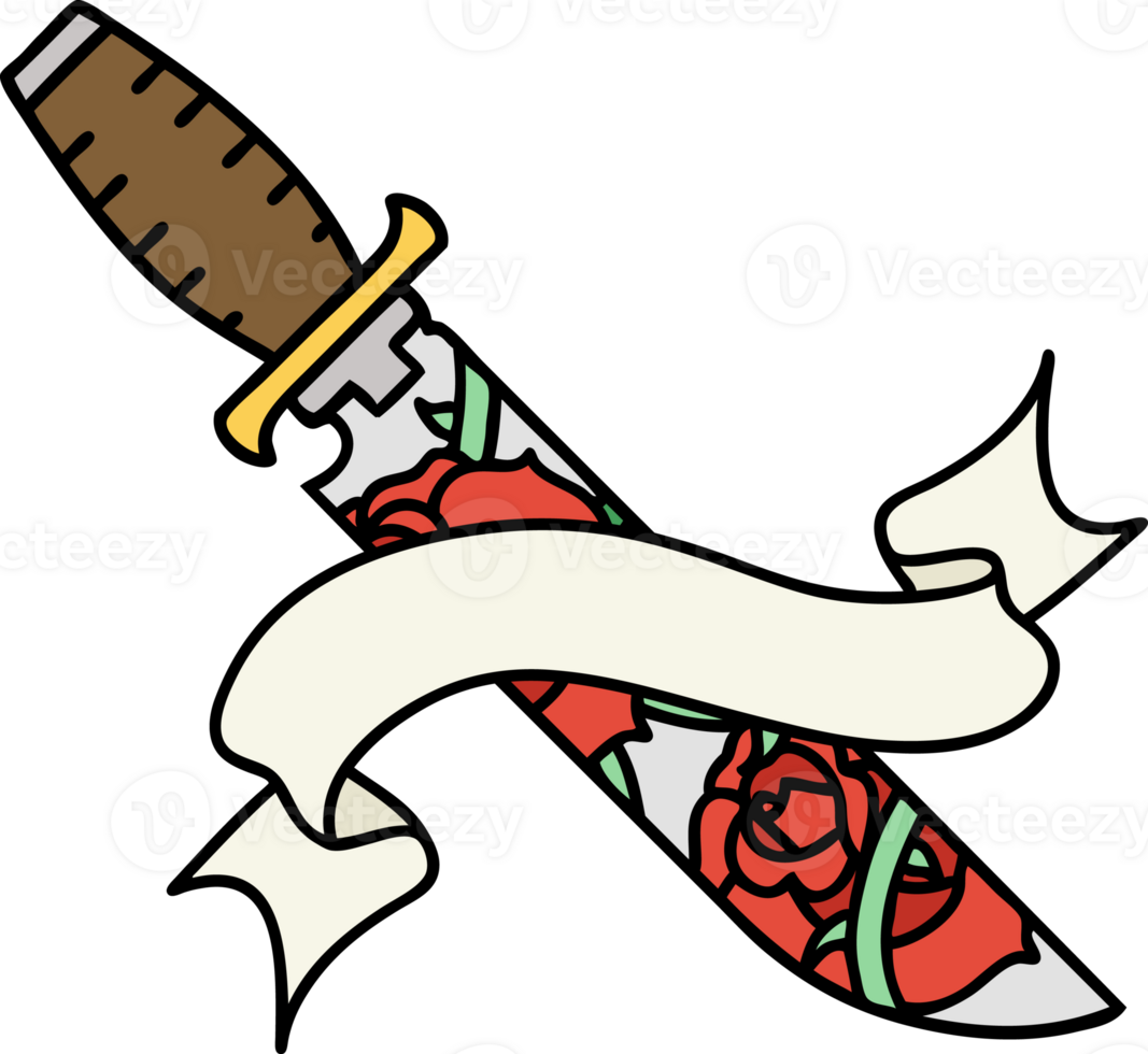 tattoo with banner of a dagger and flowers png