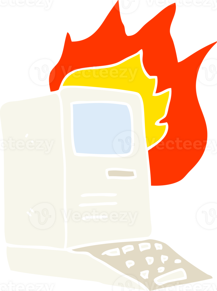 flat color illustration of a cartoon old computer on fire png