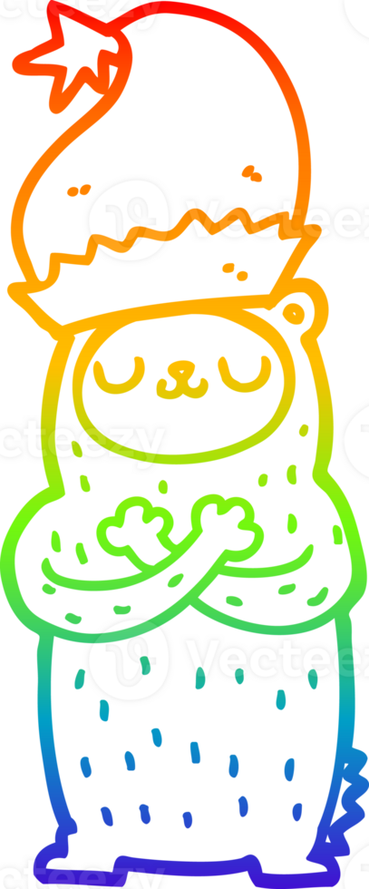 rainbow gradient line drawing cartoon bear wearing christmas hat png
