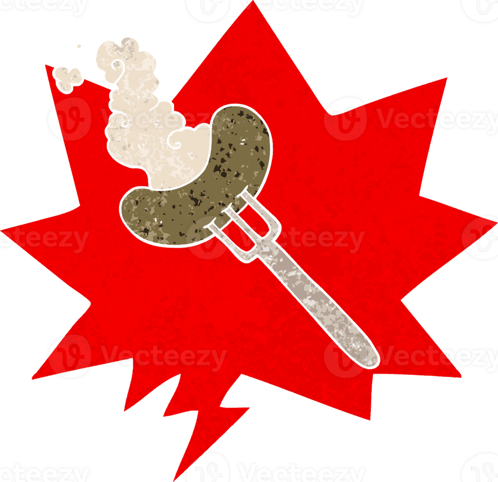 cartoon sausage on fork and speech bubble in retro textured style png
