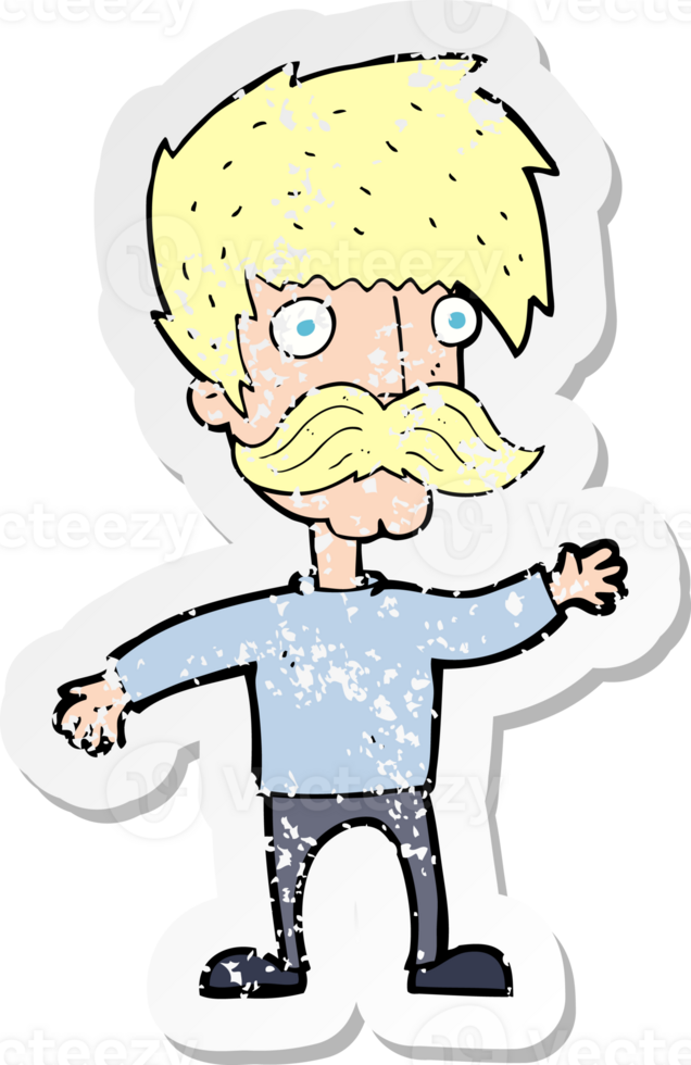 retro distressed sticker of a cartoon man with mustache waving png