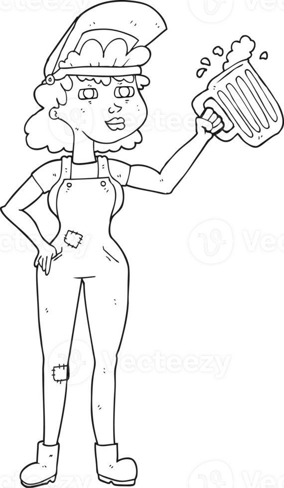 black and white cartoon hard working woman with beer png