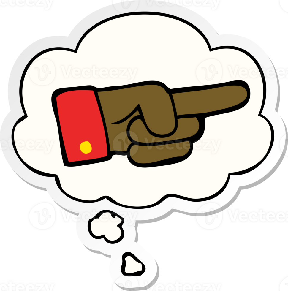 cartoon pointing hand and thought bubble as a printed sticker png