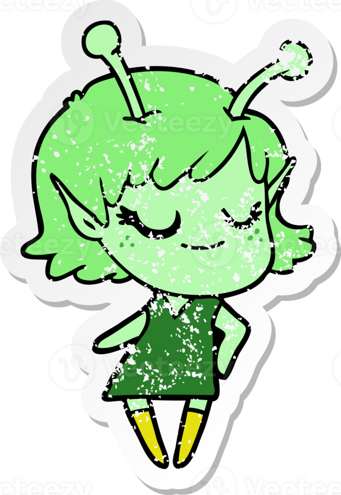 distressed sticker of a smiling alien girl cartoon png