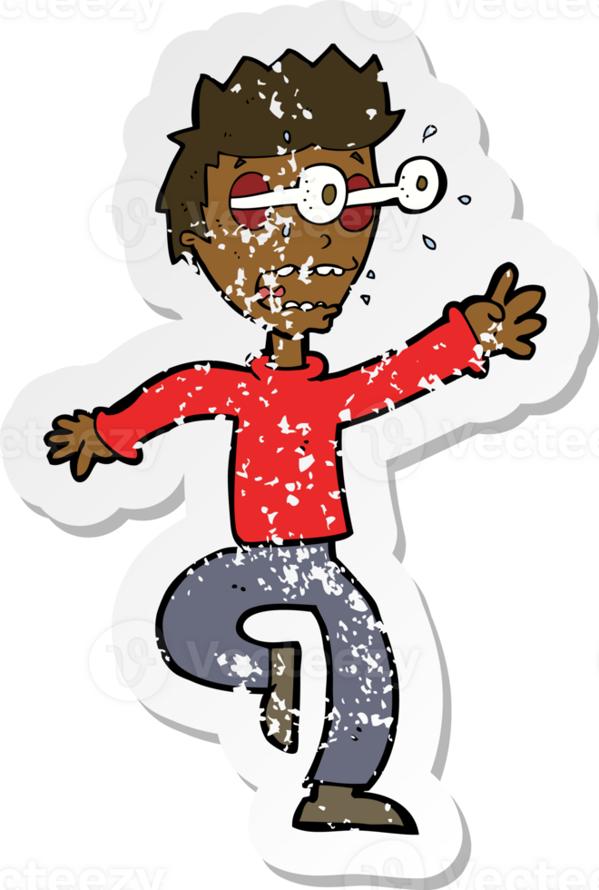 retro distressed sticker of a cartoon terrified man with eyes popping out png