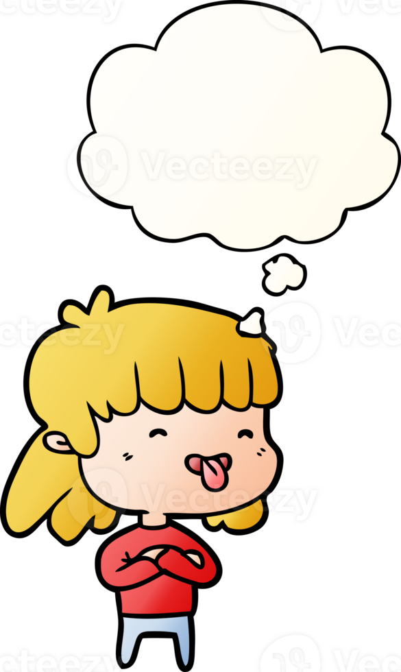 cartoon girl sticking out tongue and thought bubble in smooth gradient style png