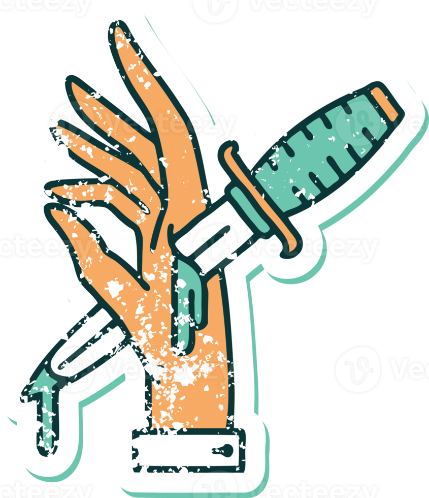 distressed sticker tattoo style icon of a dagger in the hand png