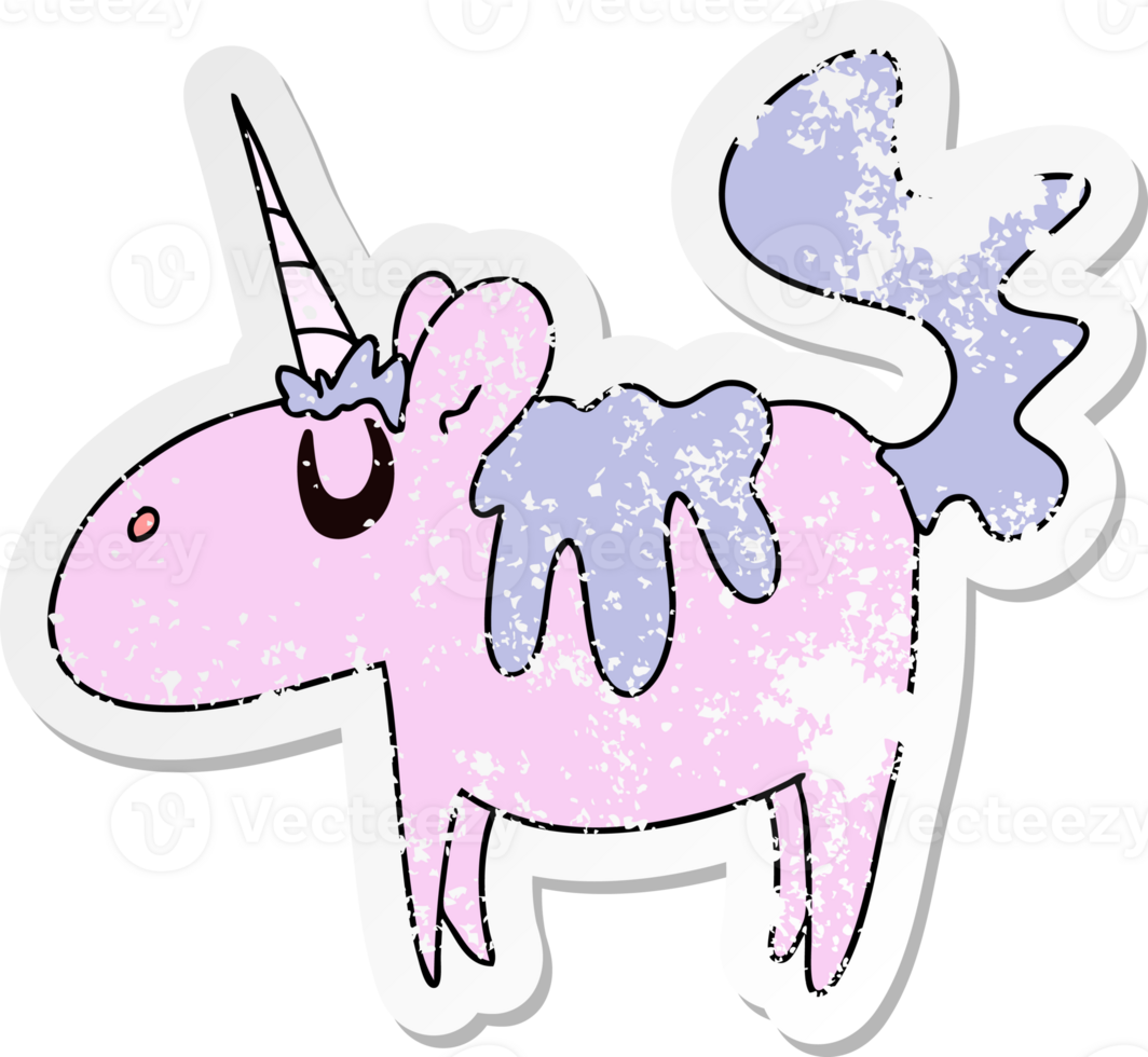 distressed sticker of a quirky hand drawn cartoon unicorn png