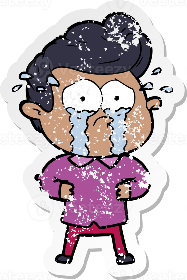distressed sticker of a cartoon crying man with hands on hips png
