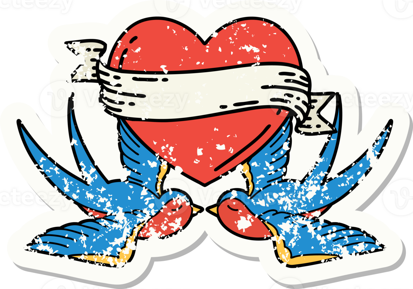 traditional distressed sticker tattoo of a swallows and a heart with banner png