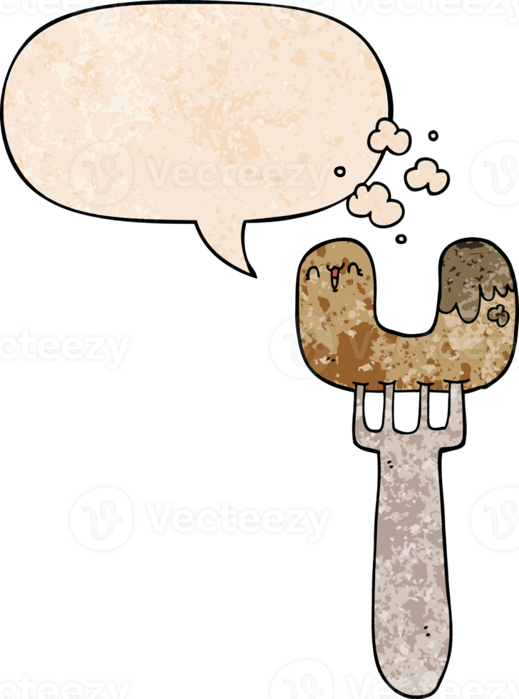 cartoon sausage on fork and speech bubble in retro texture style png
