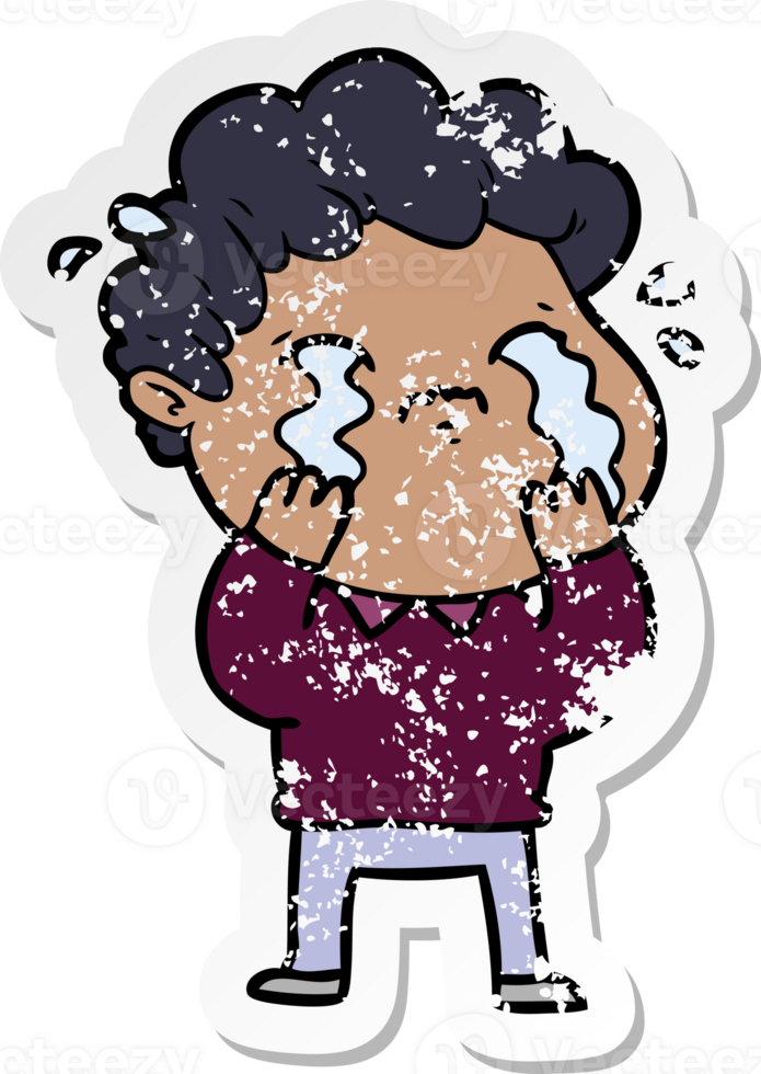 distressed sticker of a cartoon man crying png