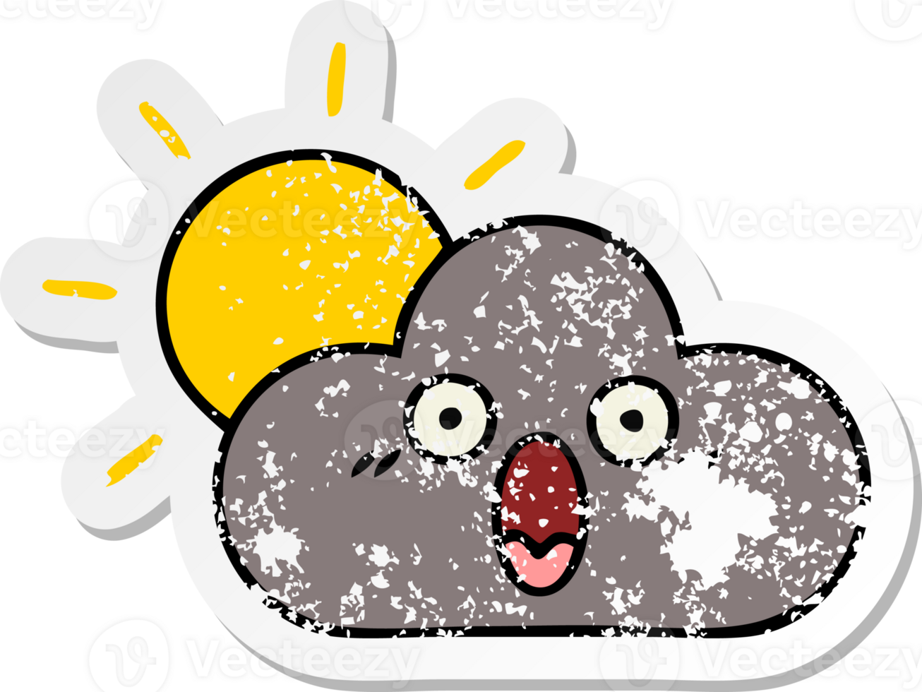 distressed sticker of a cute cartoon storm cloud and sun png
