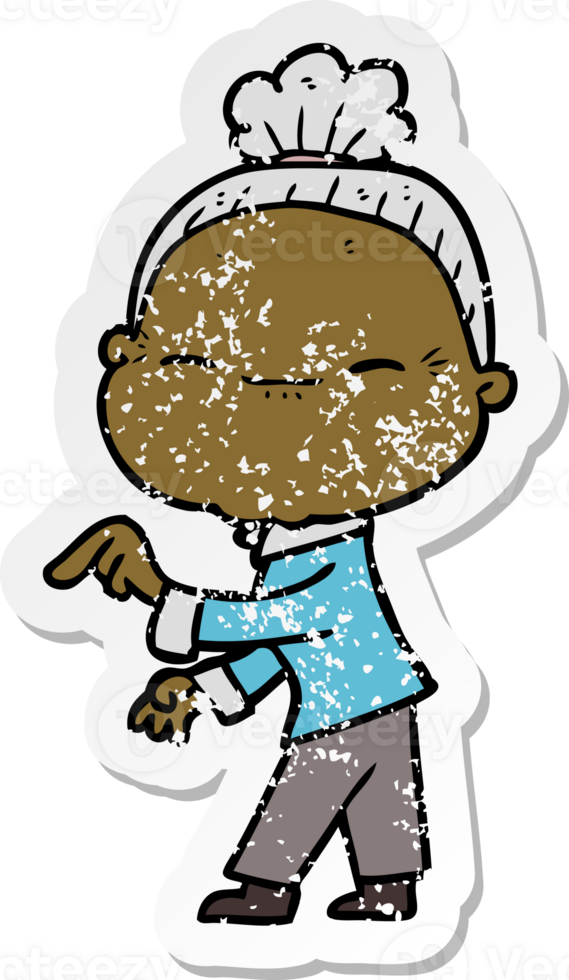 distressed sticker of a cartoon peaceful old woman png