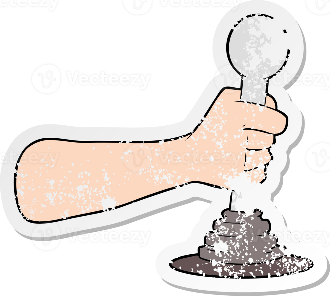 distressed sticker of a cartoon hand pulling lever png