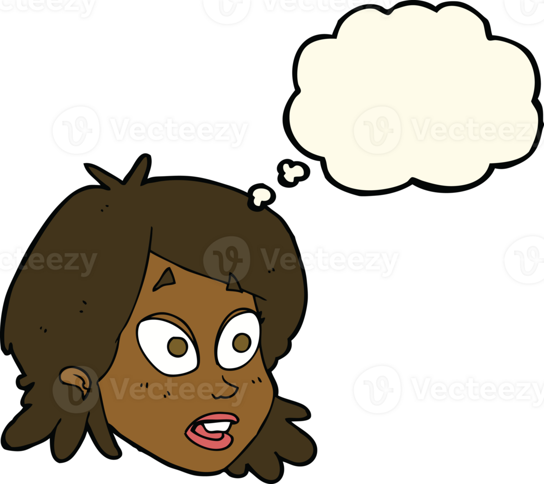 cartoon female face with surprised expression with thought bubble png