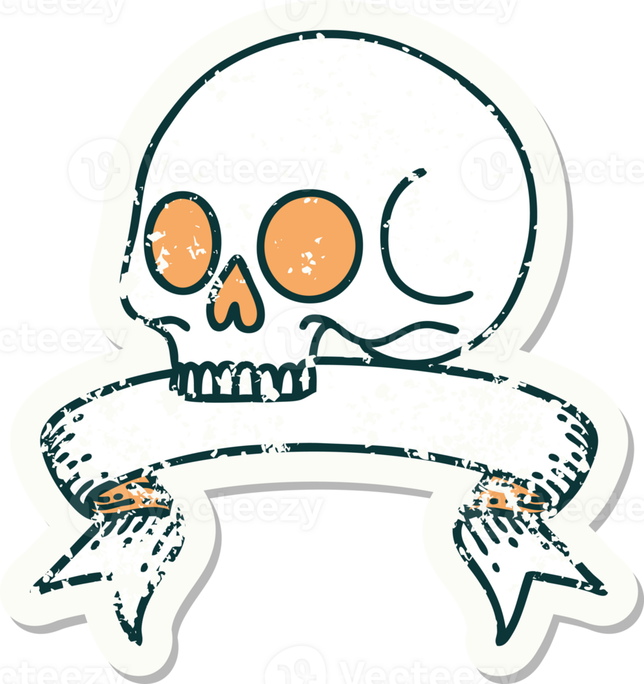 grunge sticker met banier van een schedel png