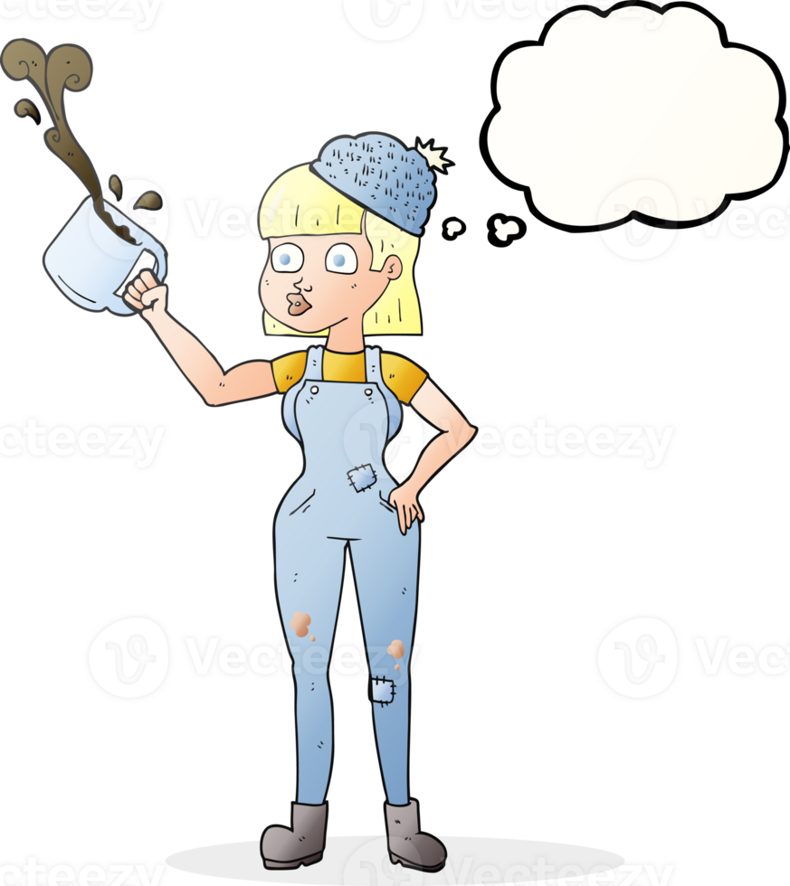 thought bubble cartoon female worker with coffee mug png