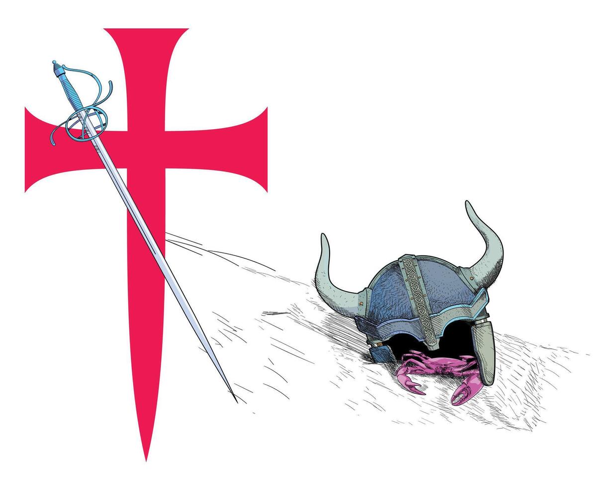 T-shirt design of a large medieval cross next to a sword and a fallen horned helmet. Illustration on themes of knights errant. vector