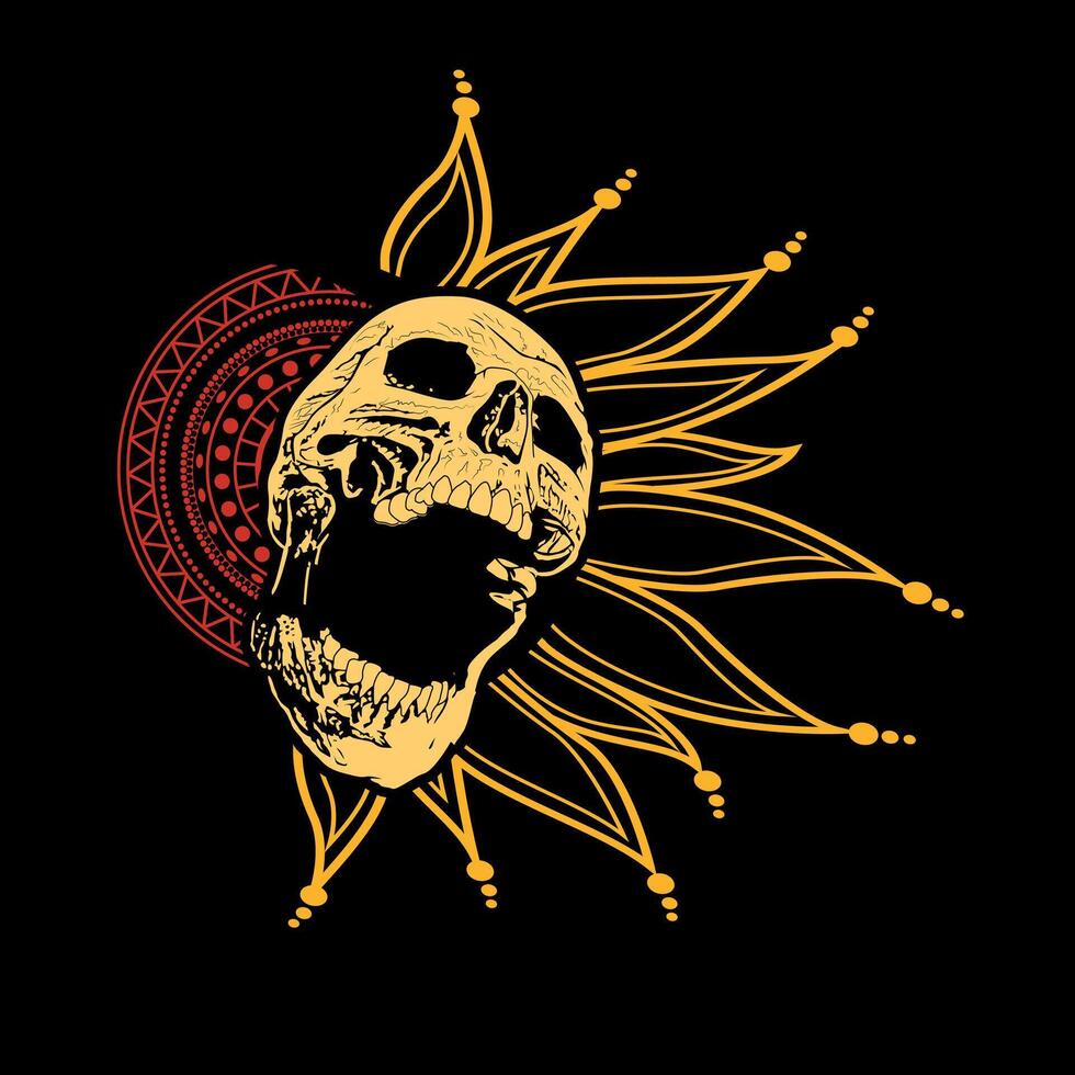 T-shirt design of a screaming skull with its mouth open and sun rays on a black background. vector