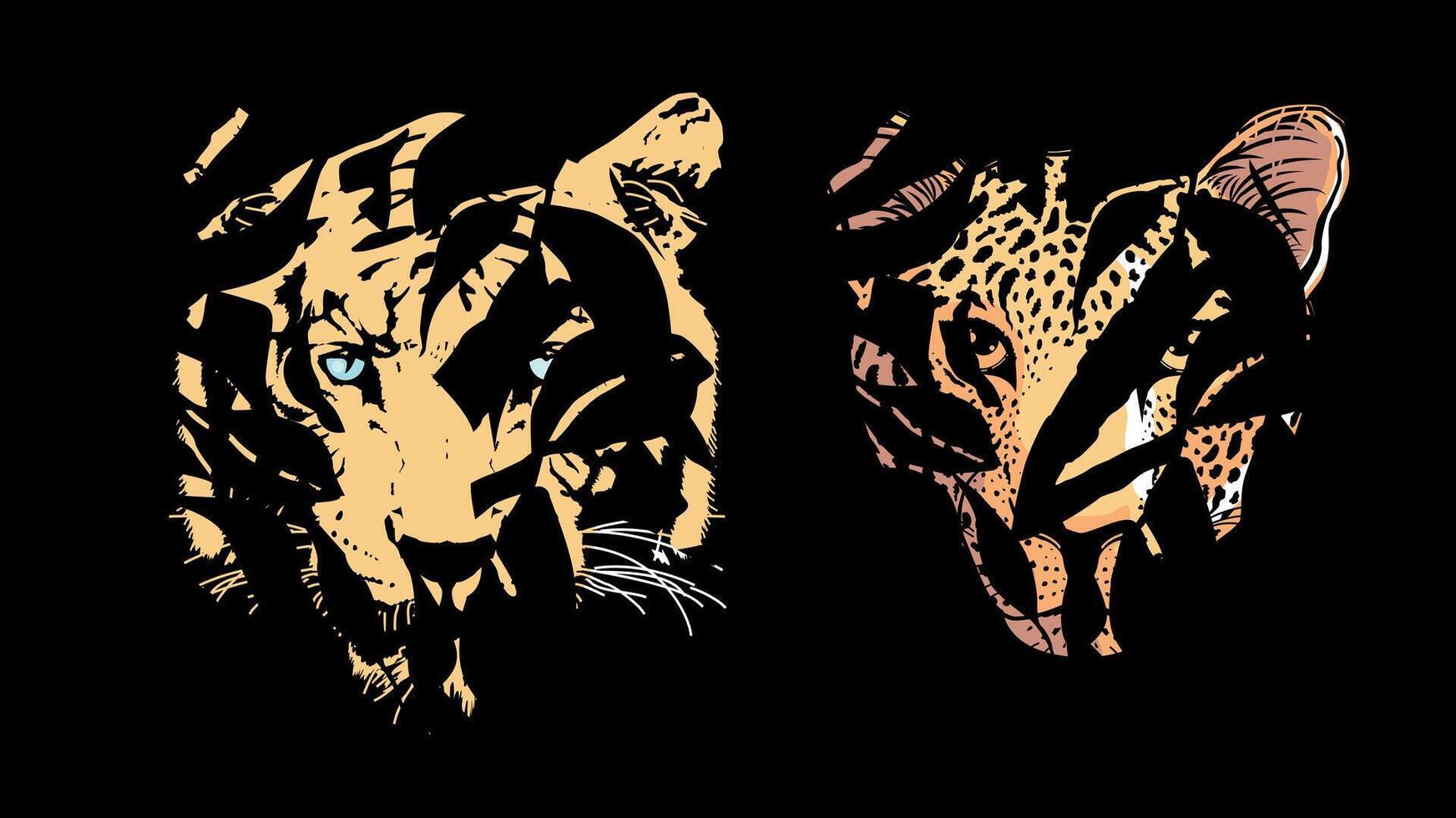 T-shirt design of two tiger and leopard heads hiding behind the leaves. vector