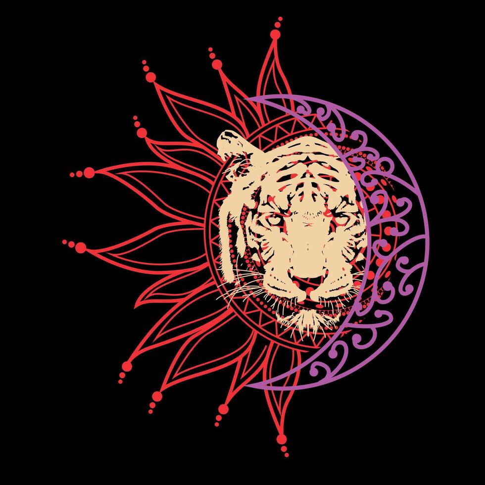 T-shirt design of a tiger head next to the sun and the moon with violet colors on a black background. vector